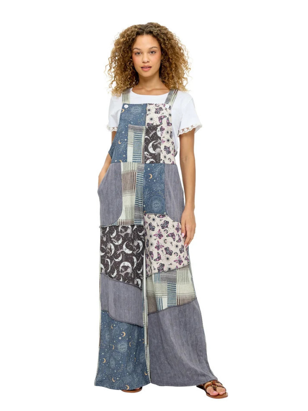 26822 | Yak & Yeti Whimsical Celestial Print Patchwork Overalls | Sizes S/M-L/XL